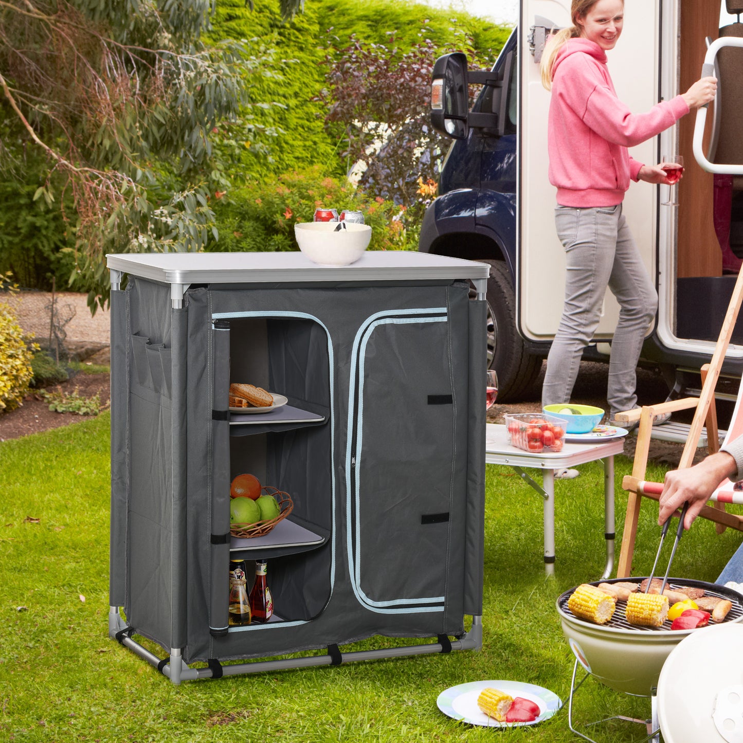 Outsunny Aluminum Camping Cupboard, Camping Kitchen Station Cook Table with 3-Shelf, Storage Organiser for BBQ Party Picnic