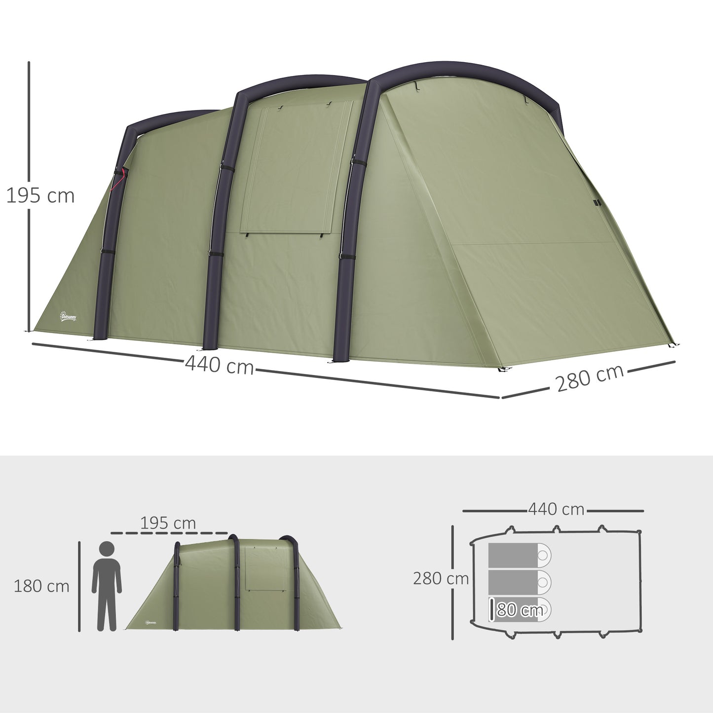 Outsunny Inflatable 3-4 Man Tunnel Tent w/ Air Pump, Living Area & Vestibule, Waterproof Family Camping Air Tent w/ Sewn In Groundsheet & Removable Footprint for Camping, Hiking