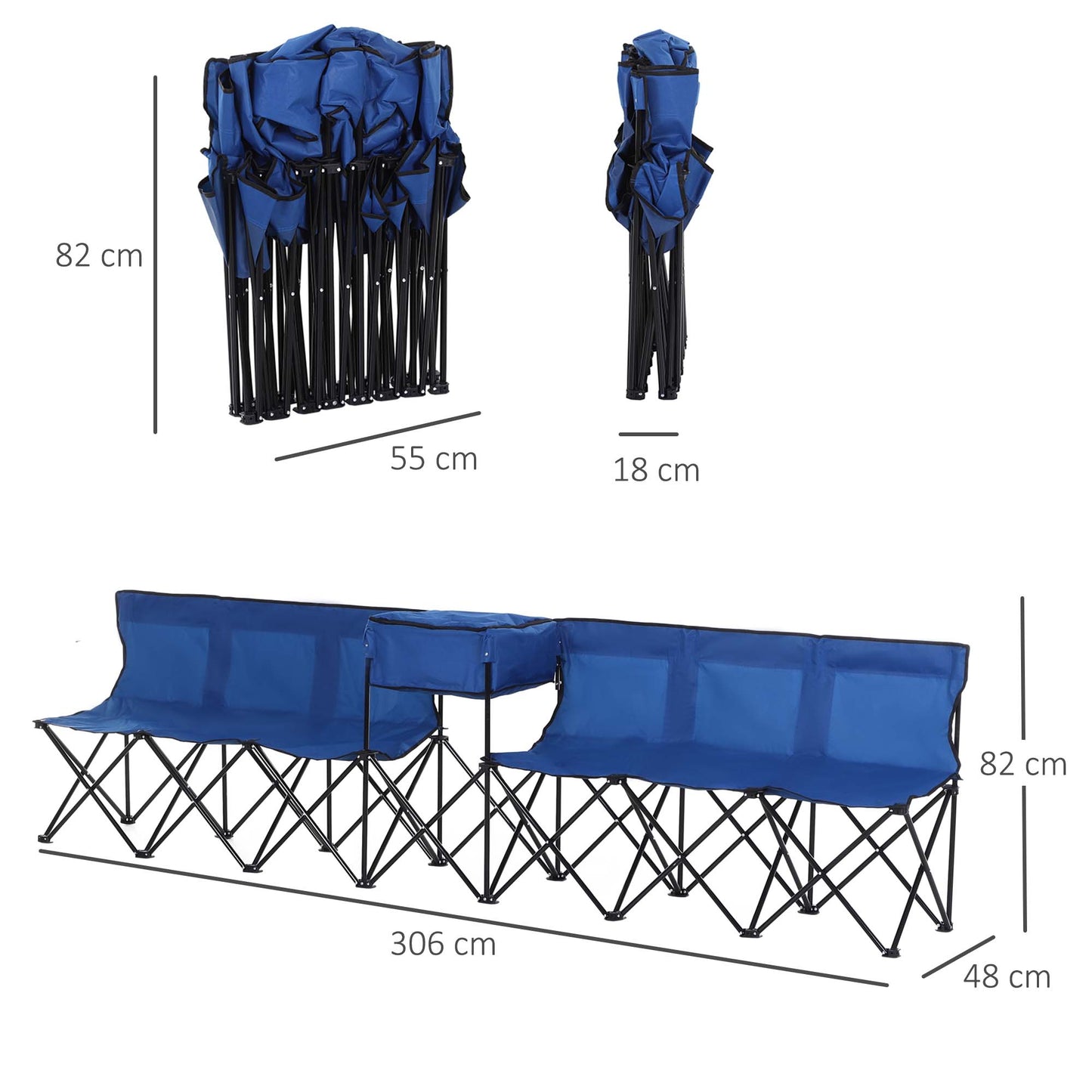 Outsunny 6 Seat Folding Sports Bench Portable Sports Team Bench Spectator Chair with Cooler Bag and Carrying Bag for Outdoor Picnic Camping