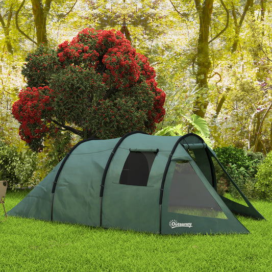 Outsunny Two Room Tunnel Tent Camping Tent for 3-4 Man with Windows, Covers, Carry Bag, for Fishing, Hiking, Sports