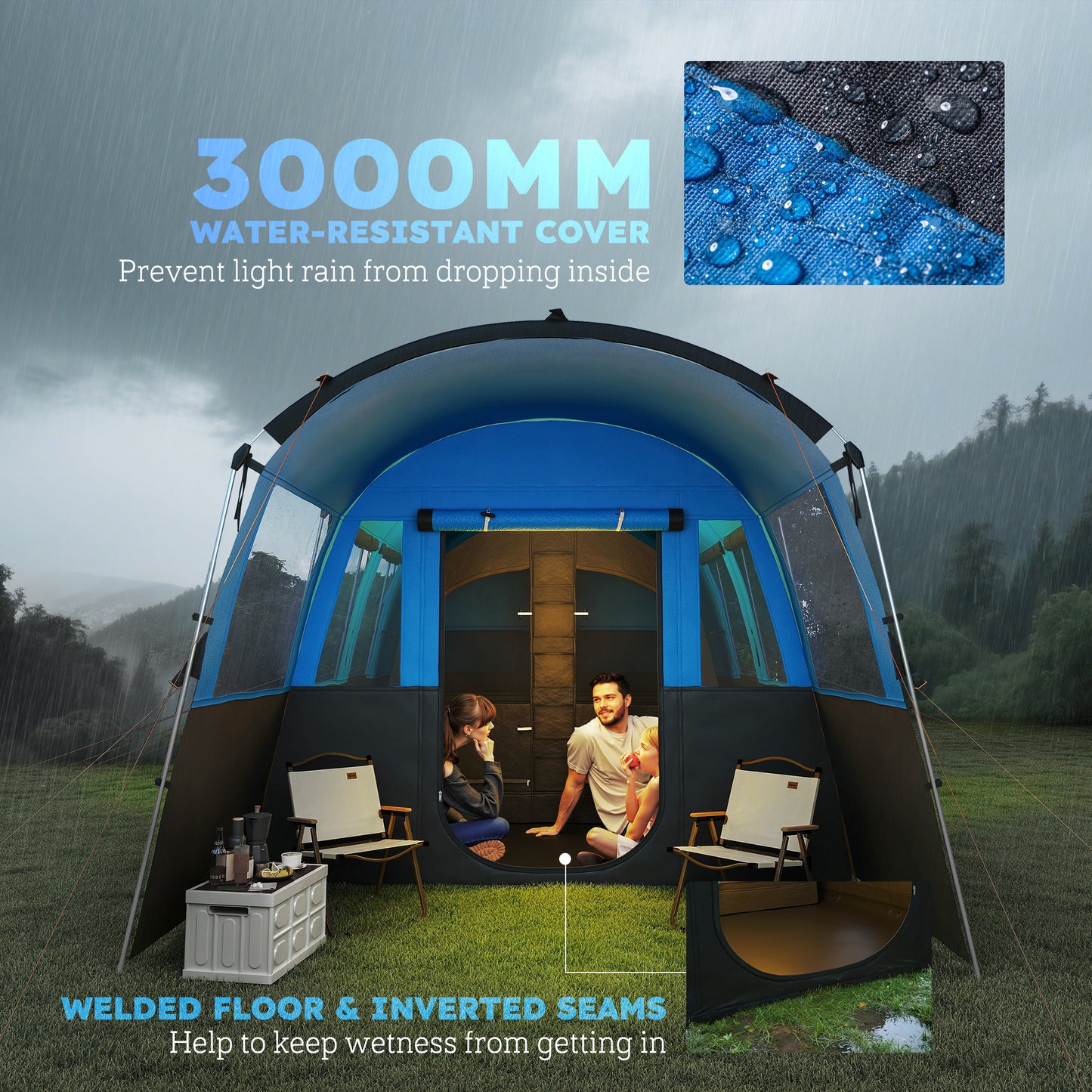 Outsunny 8-Person Camping Tent, Waterproof Family Tent, Tunnel Design, 4 Large Windows, Sleeping Cabins 3000mm Water Column