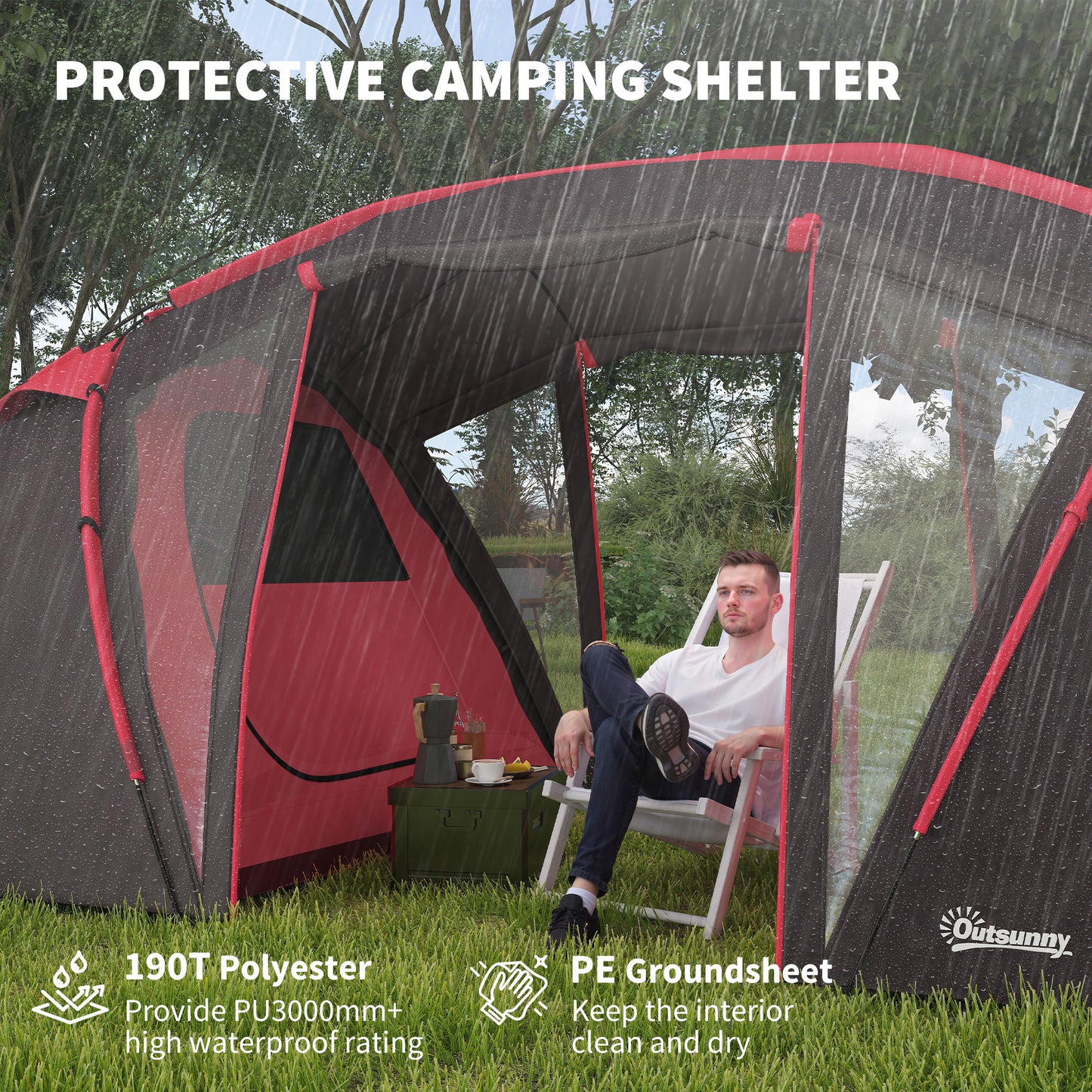 Outsunny 4-6 Man Family Camping Tent w/ 2 Bedrooms and a Living Room, Waterproof Tunnel Tent w/ Sewn In Groundsheet, Doors, Windows, Carry Bag