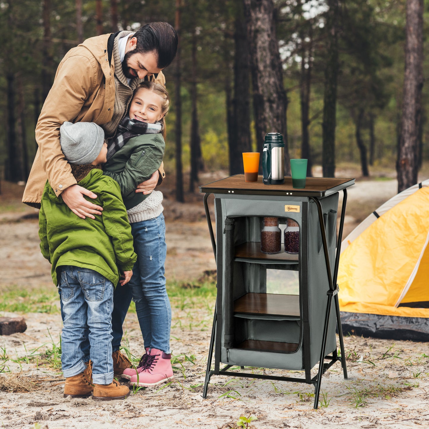Outsunny Camping Cupboard, Aluminium Foldable Camping Kitchen Station Cook Table with Storage Shelves and Carrying Bag for BBQ Party Picnic Backyard