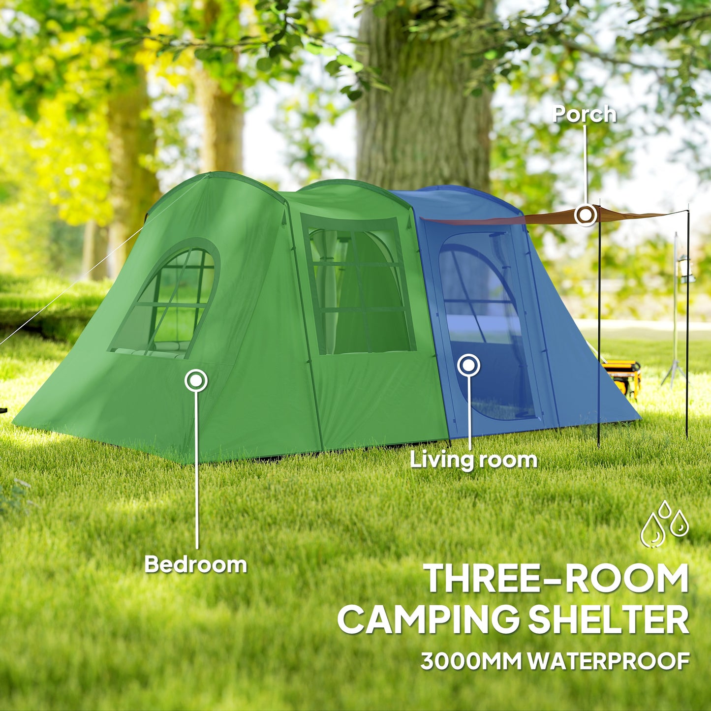 Outsunny 3-4 Man Tunnel Tent, Family Camping Tent with Porch, Bedroom and Living Area, Sewn in Groundsheet, 3000mm Waterproof, Portable with Bag for Hiking, Festival, Backpacking
