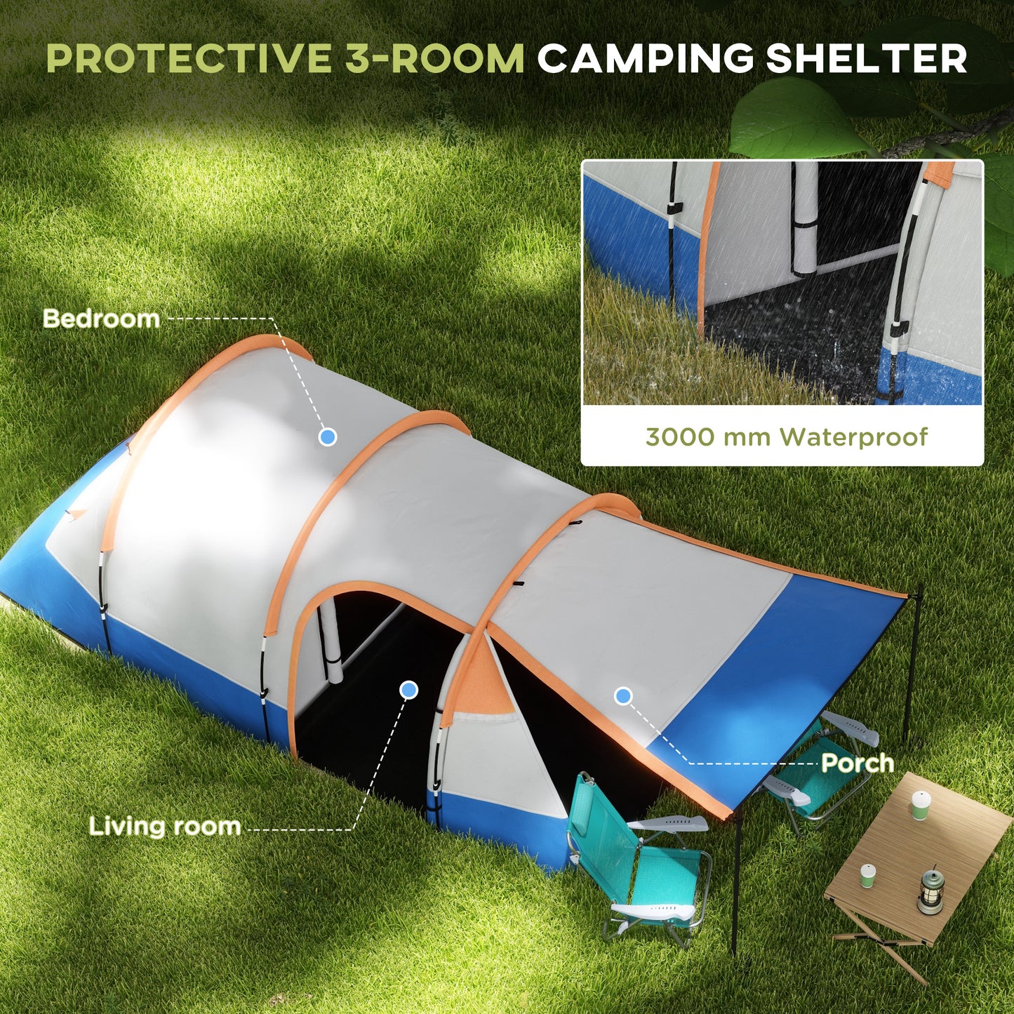 Outsunny Camping Tent, Large Tunnel Tent with Bedroom and Living Area, 2000mm Waterproof, Portable with Bag for 2-3 Man