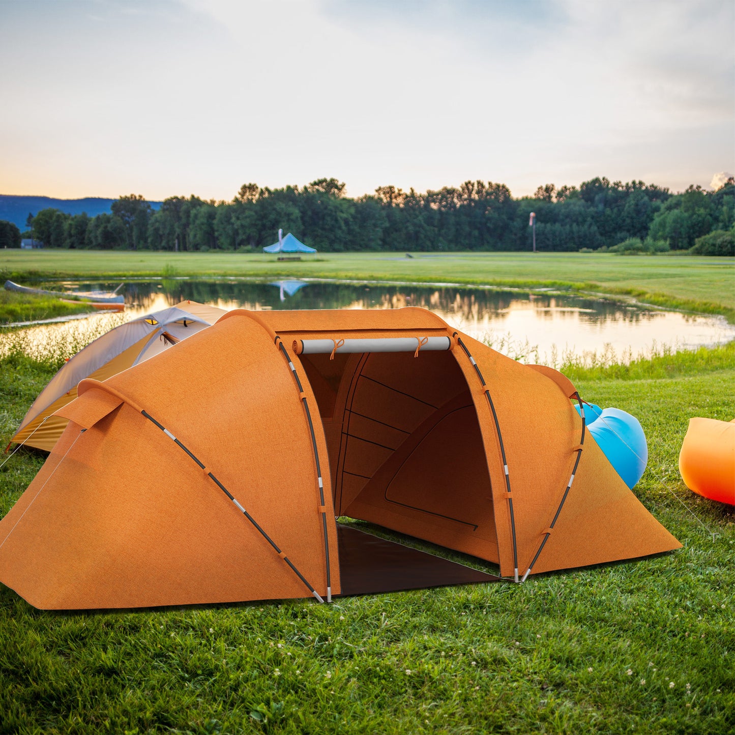 Outsunny 4-6 Man Camping Tent with Living Area and 2 Bedrooms, Hiking Sun Shelter, UV Protection Tunnel Tent