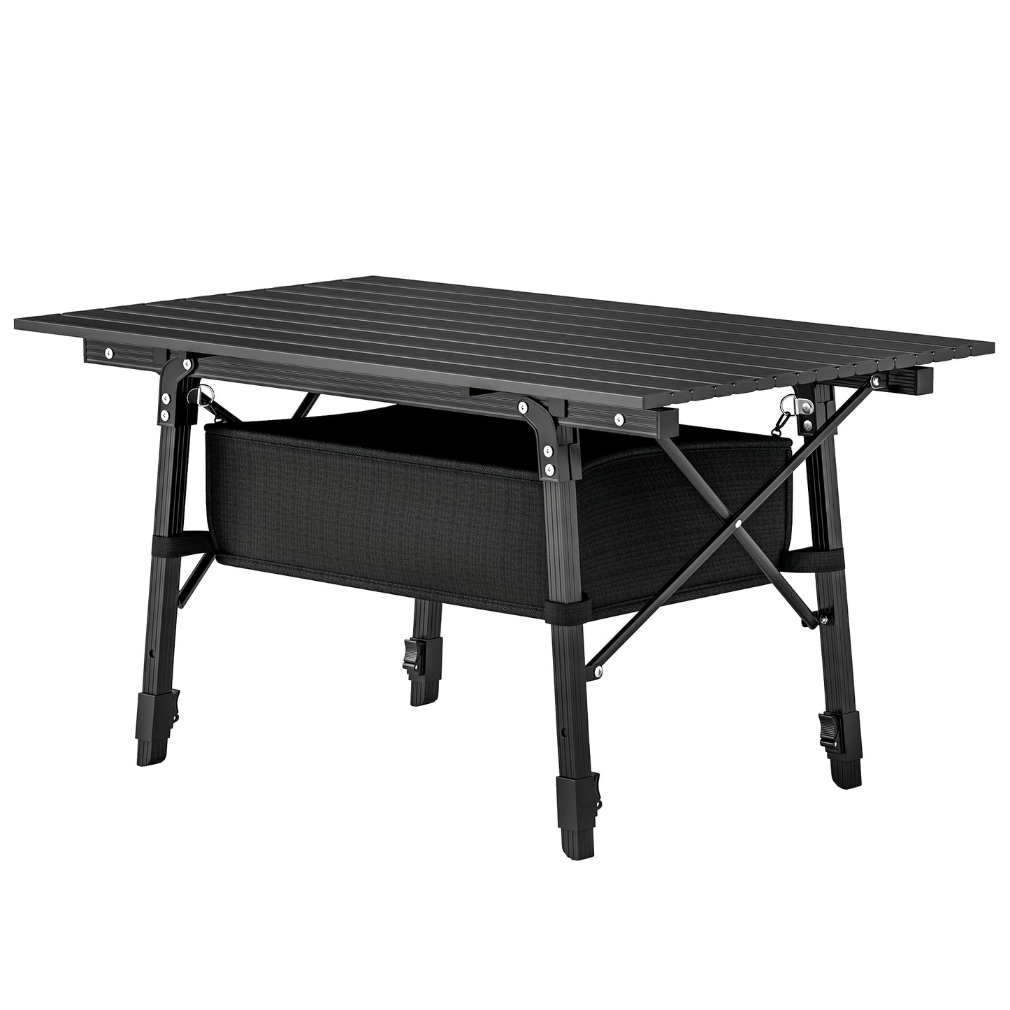 Outsunny Folding Camping Table, 90 x 55 cm Height Adjustable Portable Collapsible Table, 3ft Lightweight Aluminium Rollup Picnic Table with Storage Basket for Outdoor Garden Party BBQ, Black