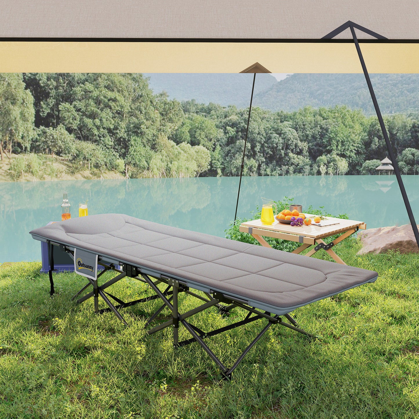 Outsunny Folding Camping Bed for Adults with Cushion, Heavy Duty Portable Travel Camping Cot with Headrest, Side Pocket and Non-Slip Foot Pads for Outdoor Beach Travel Office