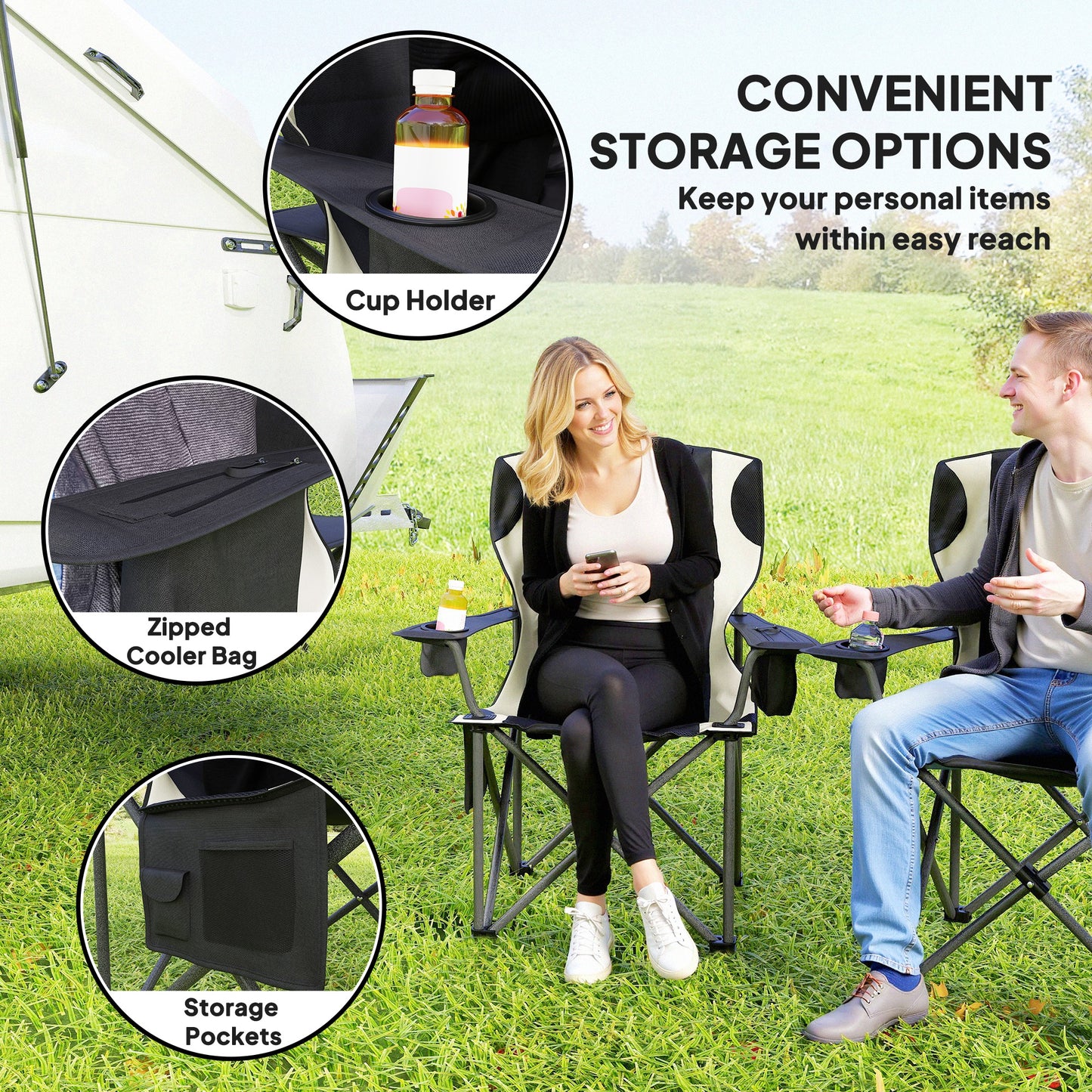 Outsunny Set of 2 Folding Camping Chairs, Padded Camping Chairs with Adjustable Armrests, Portable & Lightweight Folding Camp Chair with Cooler Bag, Cup Holder and Side Pockets