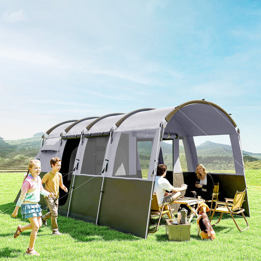 Outsunny 8-Person Camping Tent, Waterproof Family Tent, Tunnel Design, 4 Large Windows, Sleeping Cabins 3000mm Water Column