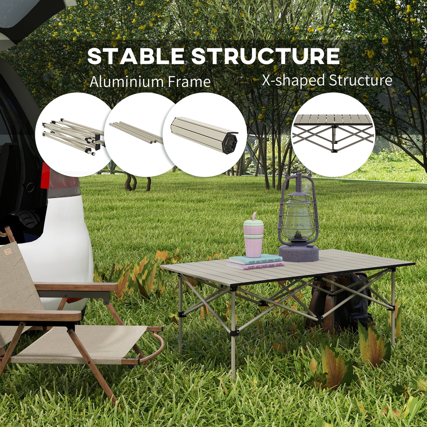 Outsunny Two-Seater Portable Aluminium Table, with Roll-Up Tabletop and Bag