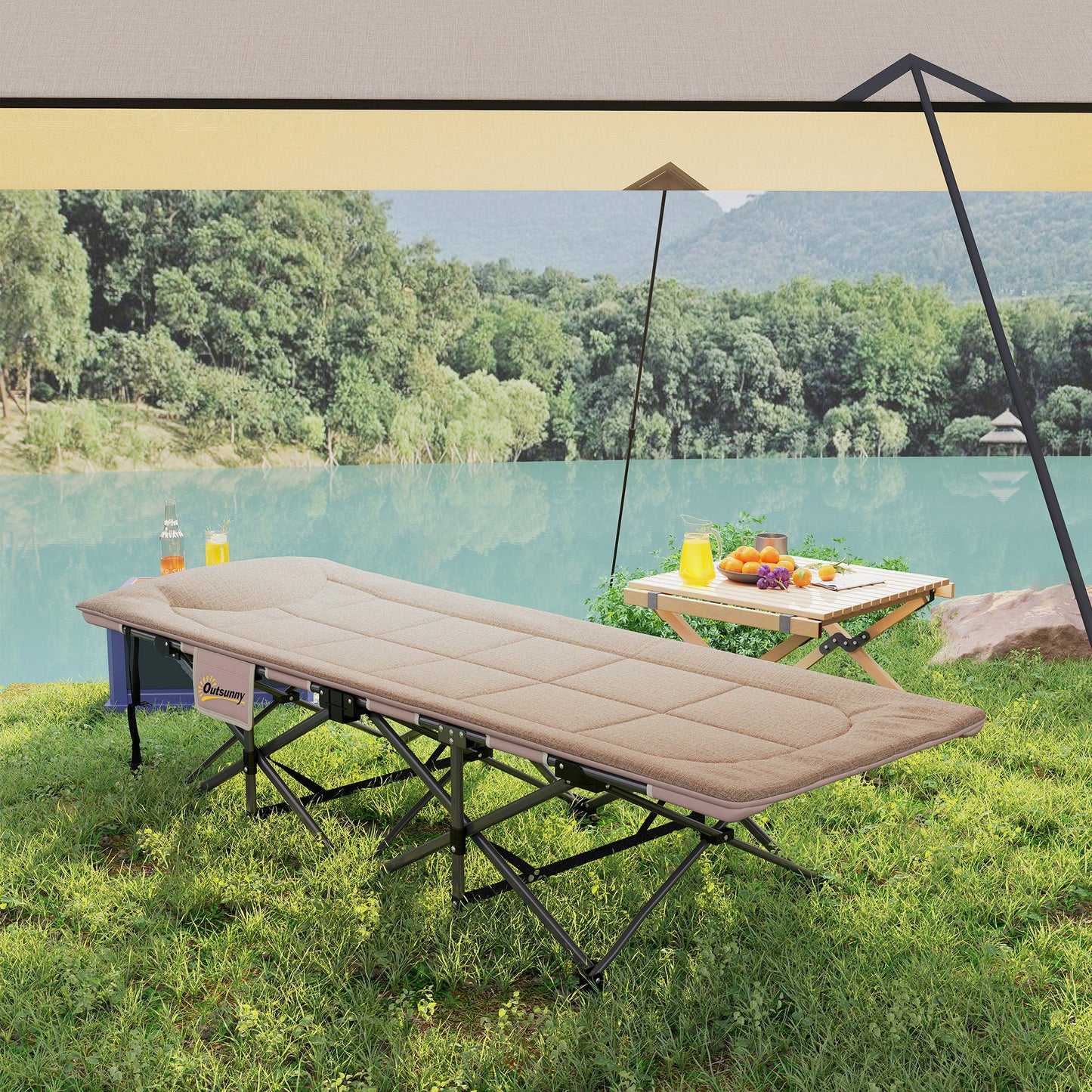 Outsunny Folding Camping Bed for Adults with Cushion, Heavy Duty Portable Travel Camping Cot with Headrest, Side Pocket and Non-Slip Foot Pads for Outdoor Beach Travel Office