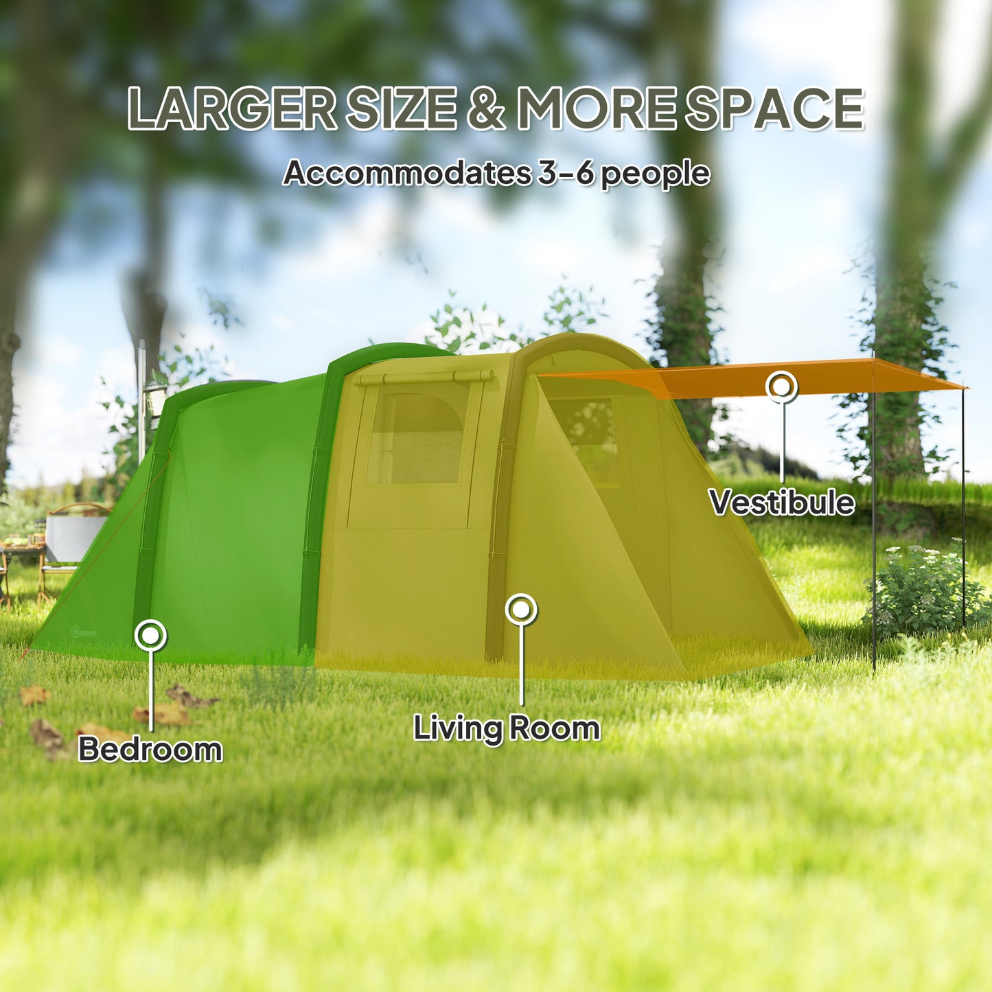 Outsunny Inflatable 3-4 Man Tunnel Tent w/ Air Pump, Living Area & Vestibule, Waterproof Family Camping Air Tent w/ Sewn In Groundsheet & Removable Footprint for Camping, Hiking