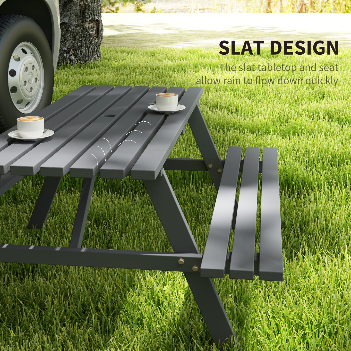 Outsunny 6 Seater Wooden Picnic Table Bench for Outdoor Garden or Patio with Parasol Cutout 150 cm