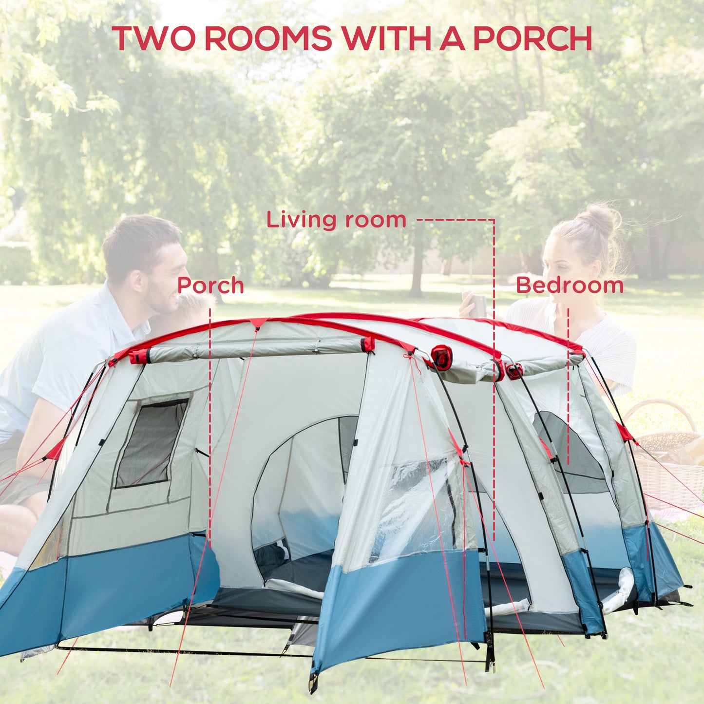 Outsunny 6-8 Person Tunnel Tent, Camping Tent with Bedroom, Living Room, Sewn-in Floor, 3 Doors and Carry Bag, 2000mm Water Column for Fishing, Hiking, Sports, and Traveling