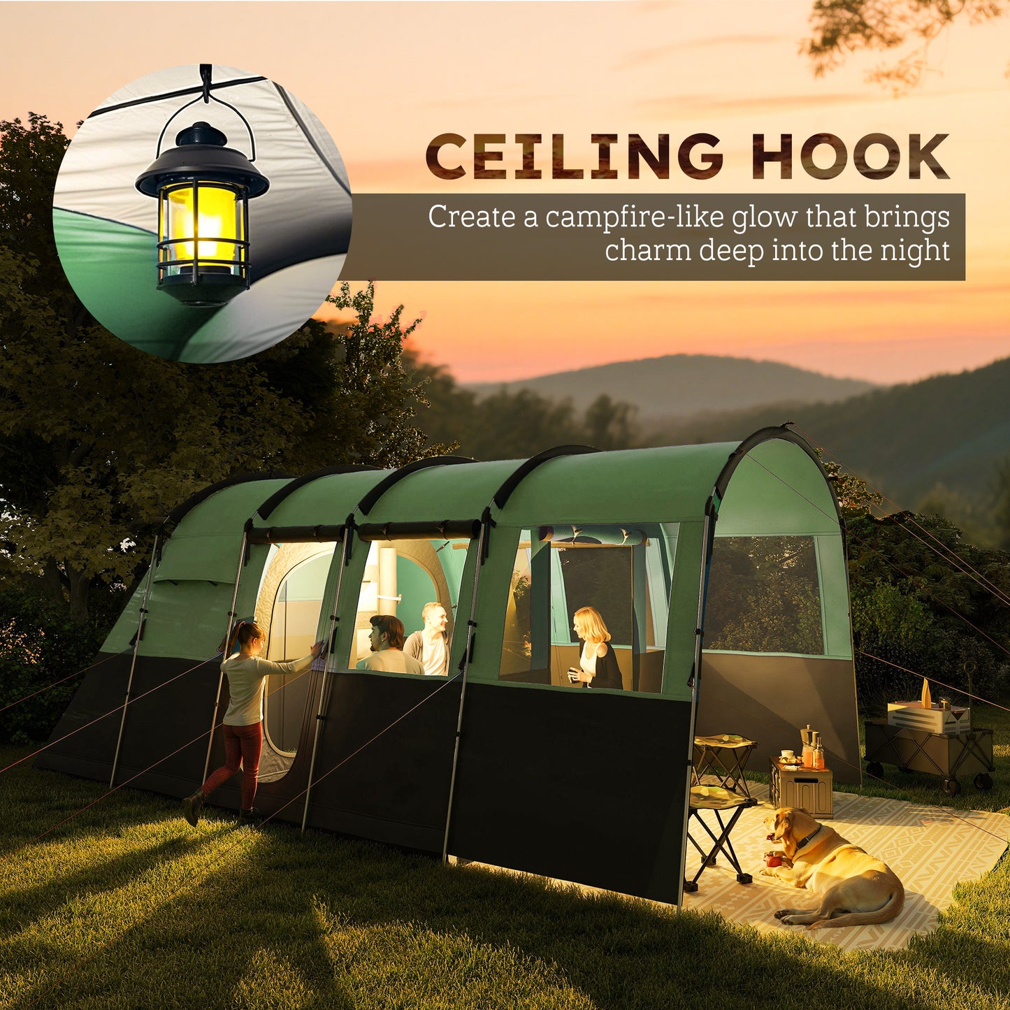 Outsunny 8-Person Camping Tent, Waterproof Family Tent, Tunnel Design, 4 Large Windows, Sleeping Cabins 3000mm Water Column