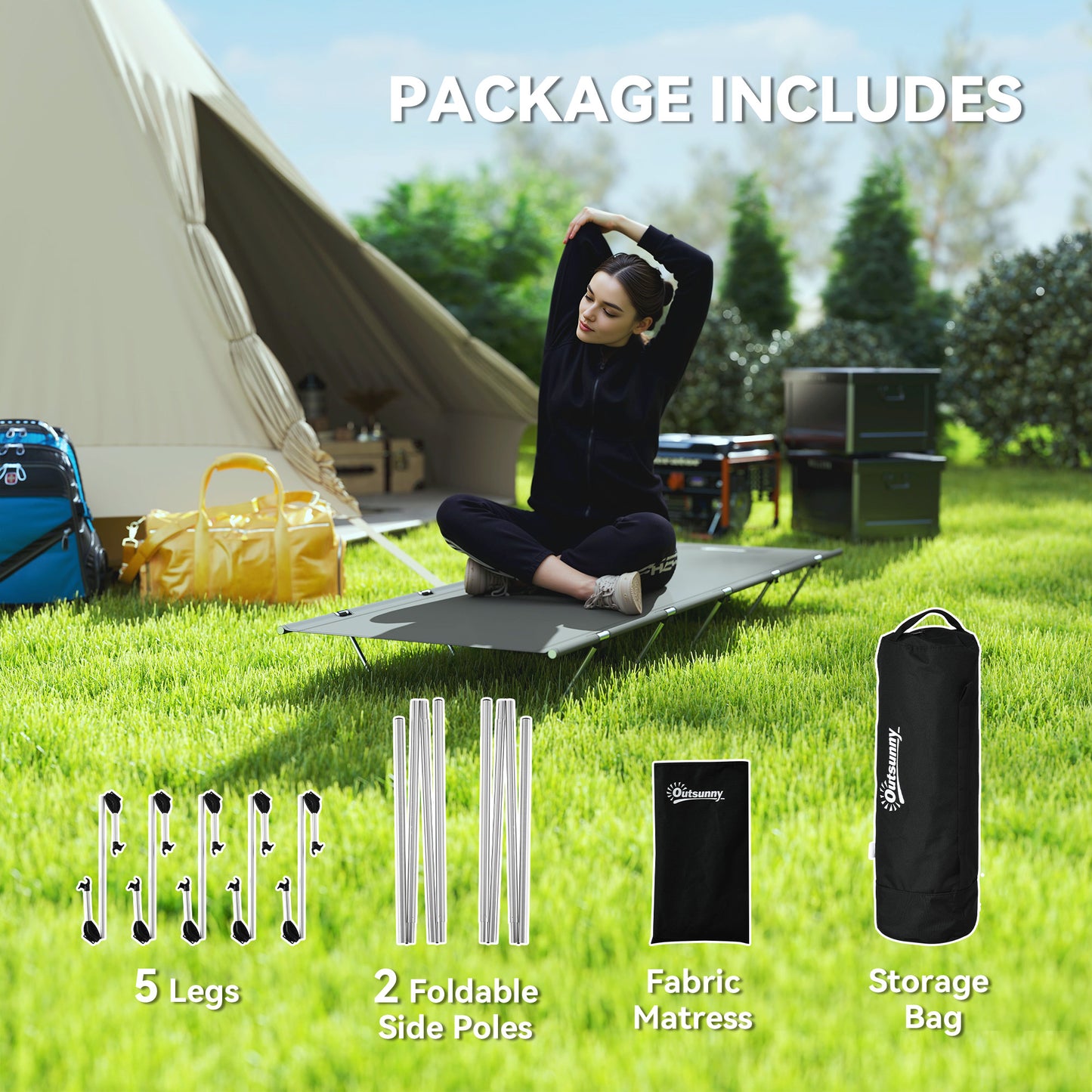 Outsunny Lightweight Camping Bed, Aluminium Portable Camp Cot w/ Strong Support 150kg and Carry Bag for Camping