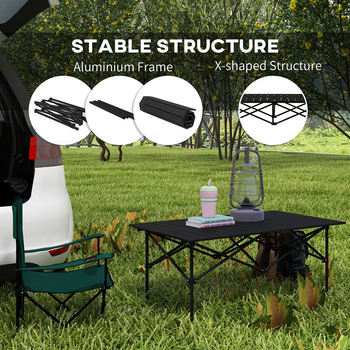 Outsunny Two-Seater Portable Aluminium Table, with Roll-Up Tabletop and Bag
