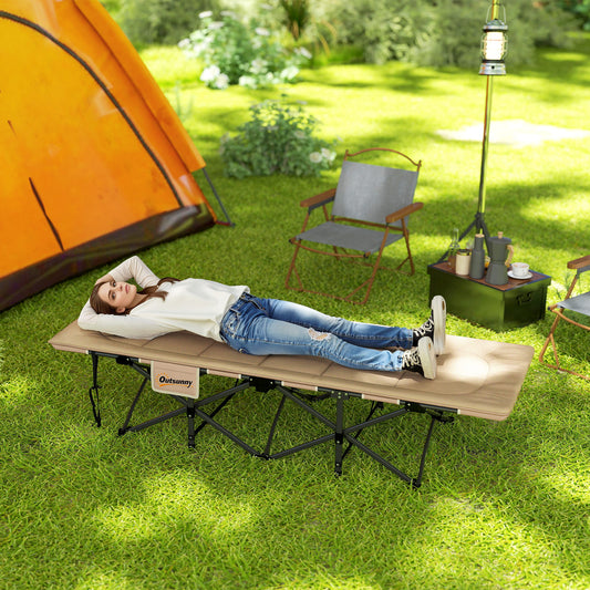 Outsunny Folding Camping Bed for Adults with Cushion, Heavy Duty Portable Travel Camping Cot with Headrest, Side Pocket and Non-Slip Foot Pads for Outdoor Beach Travel Office