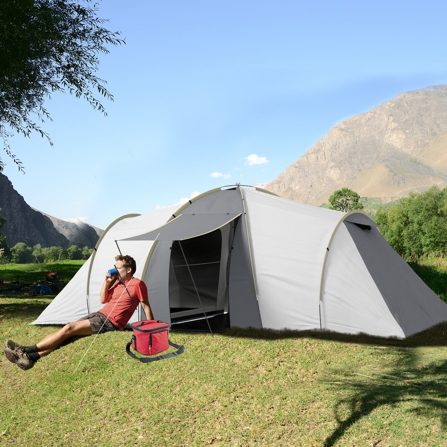 Outsunny Four-Man Tunnel Tent, with Two Bedrooms and Living Room