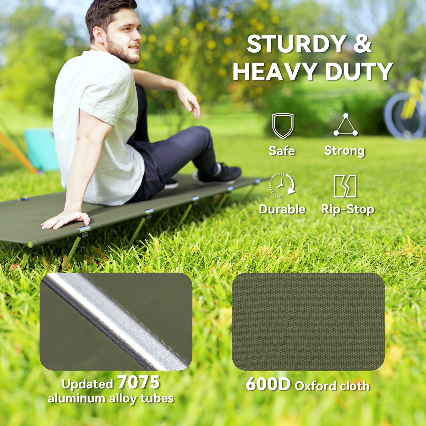 Outsunny Lightweight Camping Bed, Aluminium Portable Camp Cot w/ Strong Support 150kg and Carry Bag for Camping