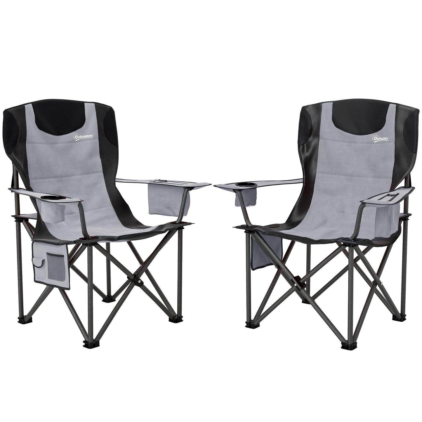 Outsunny Set of 2 Folding Camping Chairs, Padded Camping Chairs with Adjustable Armrests, Portable & Lightweight Folding Camp Chair with Cooler Bag, Cup Holder and Side Pockets
