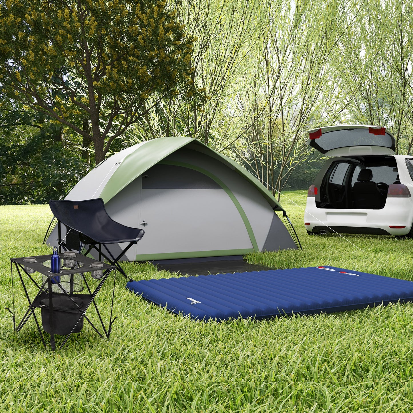 Outsunny Camping Tent with Inflatable Mattress and Camping Table&Chair, 2-3 Person Dome Tent with Sewn-in Groundsheet, Portable 3000mm Waterproof Tent with Carry Bag and Hook, for Fishing Hiking