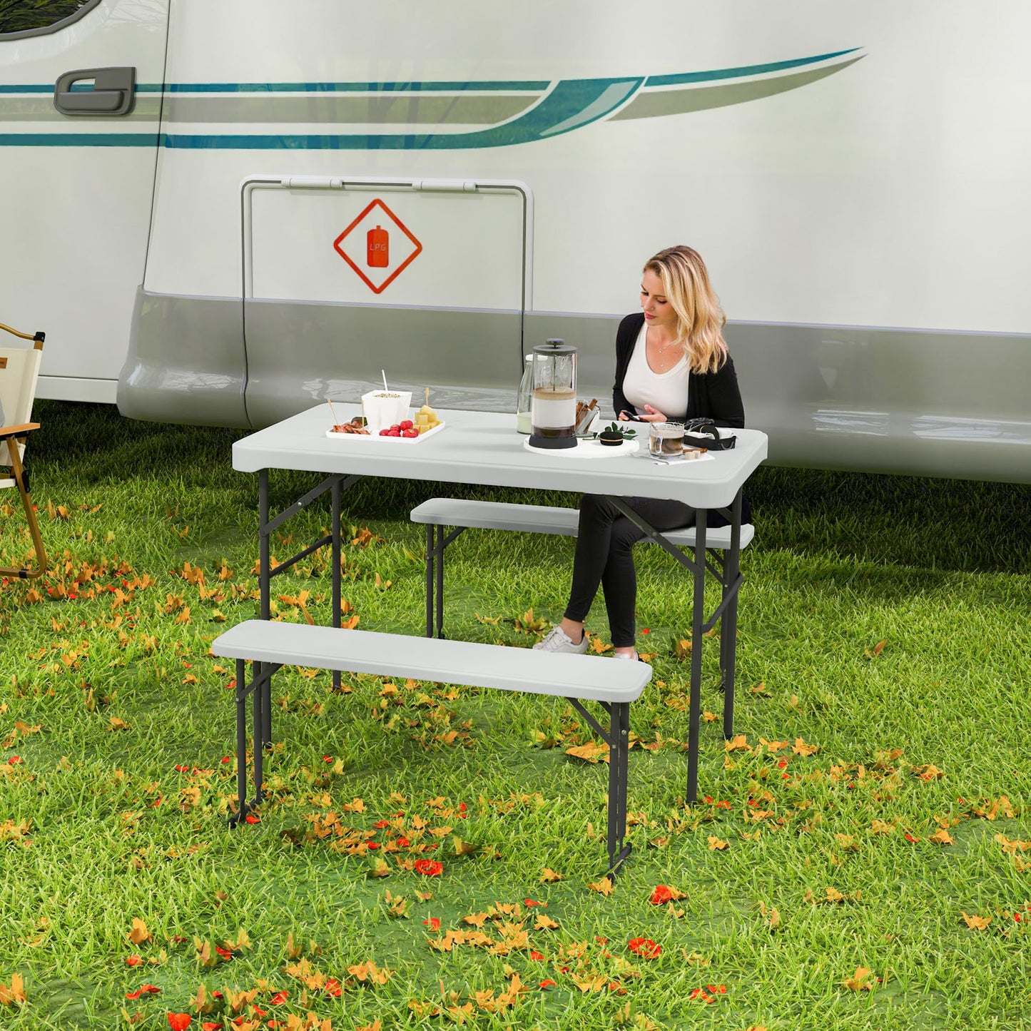 Outsunny Three-Piece Folding Picnic Table and Bench Set - Light Grey