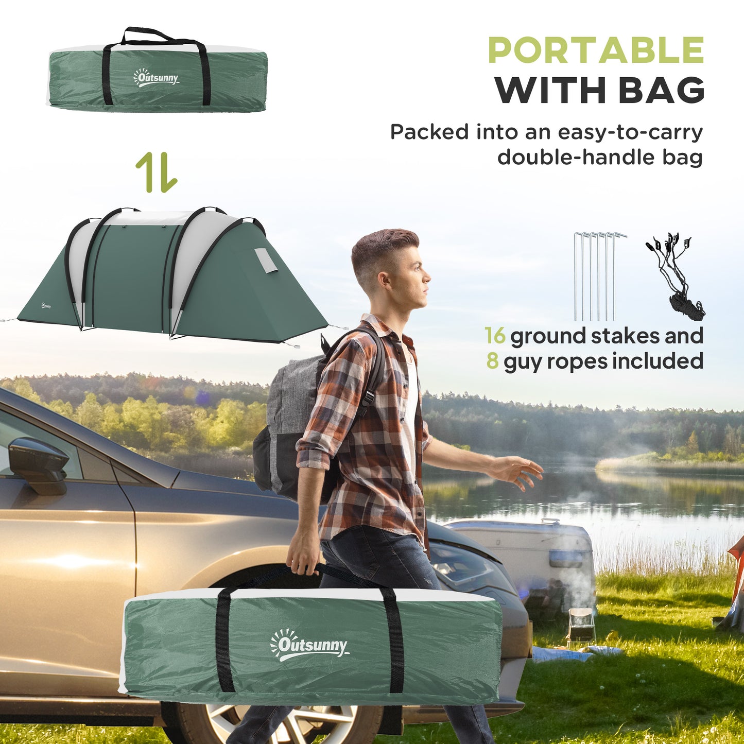 Outsunny Camping Tent with 2 Bedrooms and Living Area, 3000mm Waterproof Family Tent, for Fishing Hiking Festival