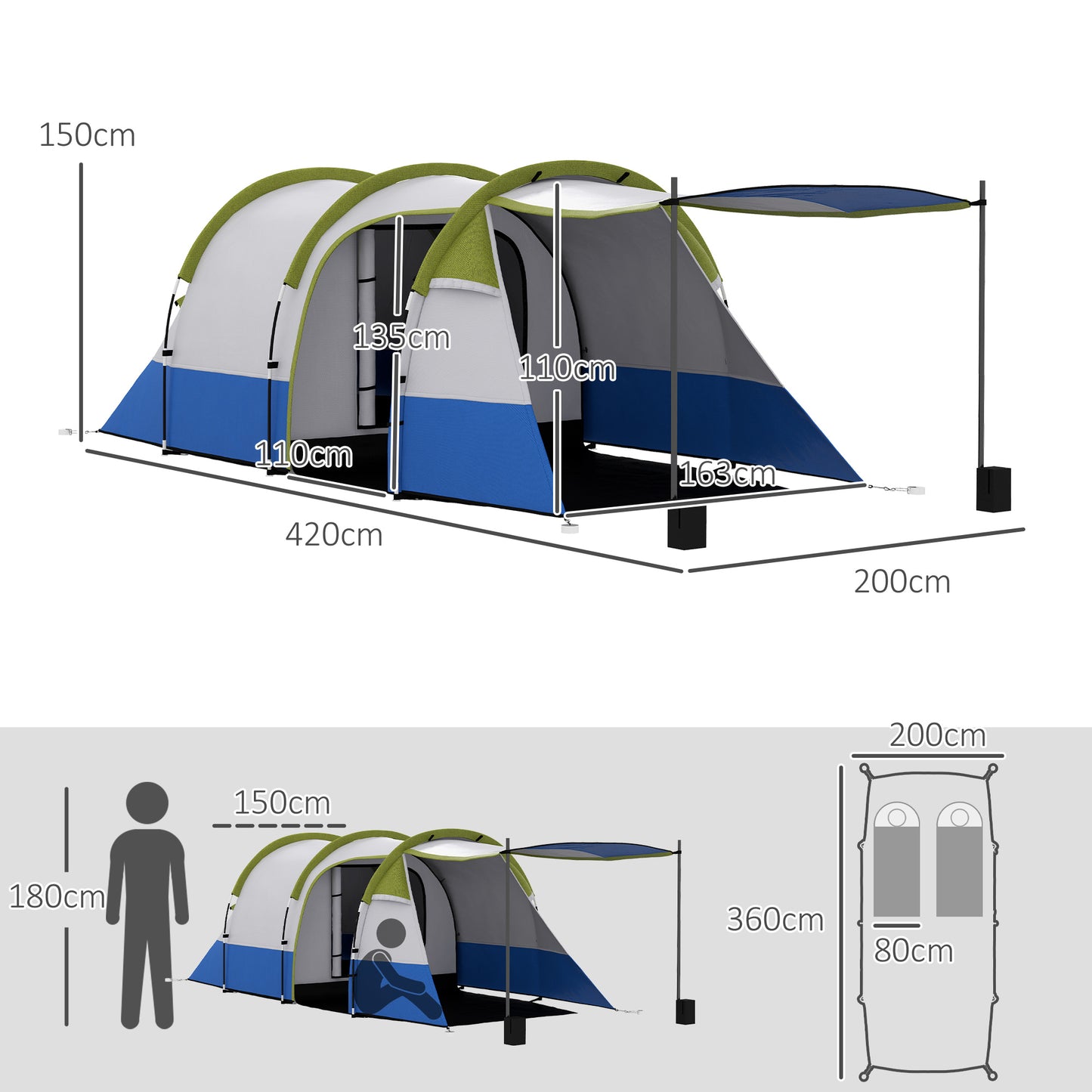 Outsunny Three Man Two-Room Tent, with Porch and Accessories