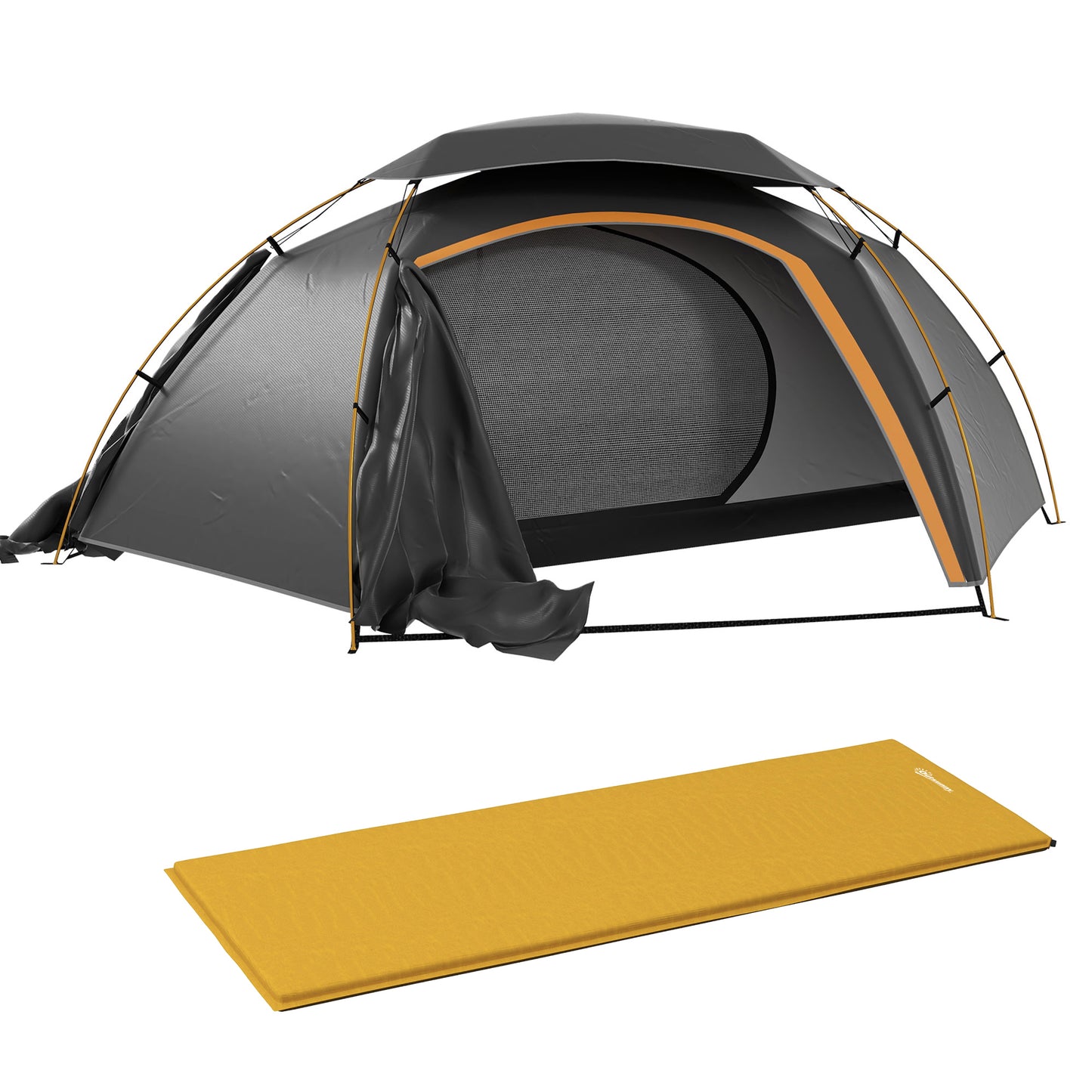 Outsunny Camping Tent with Self Inflatable Mattress, 1 Person Dome Tent with Removable Rainfly and Aluminium Frame, 2000mm Waterproof, Portable with Bags, for Fishing Hiking, Dark Grey/Khaki