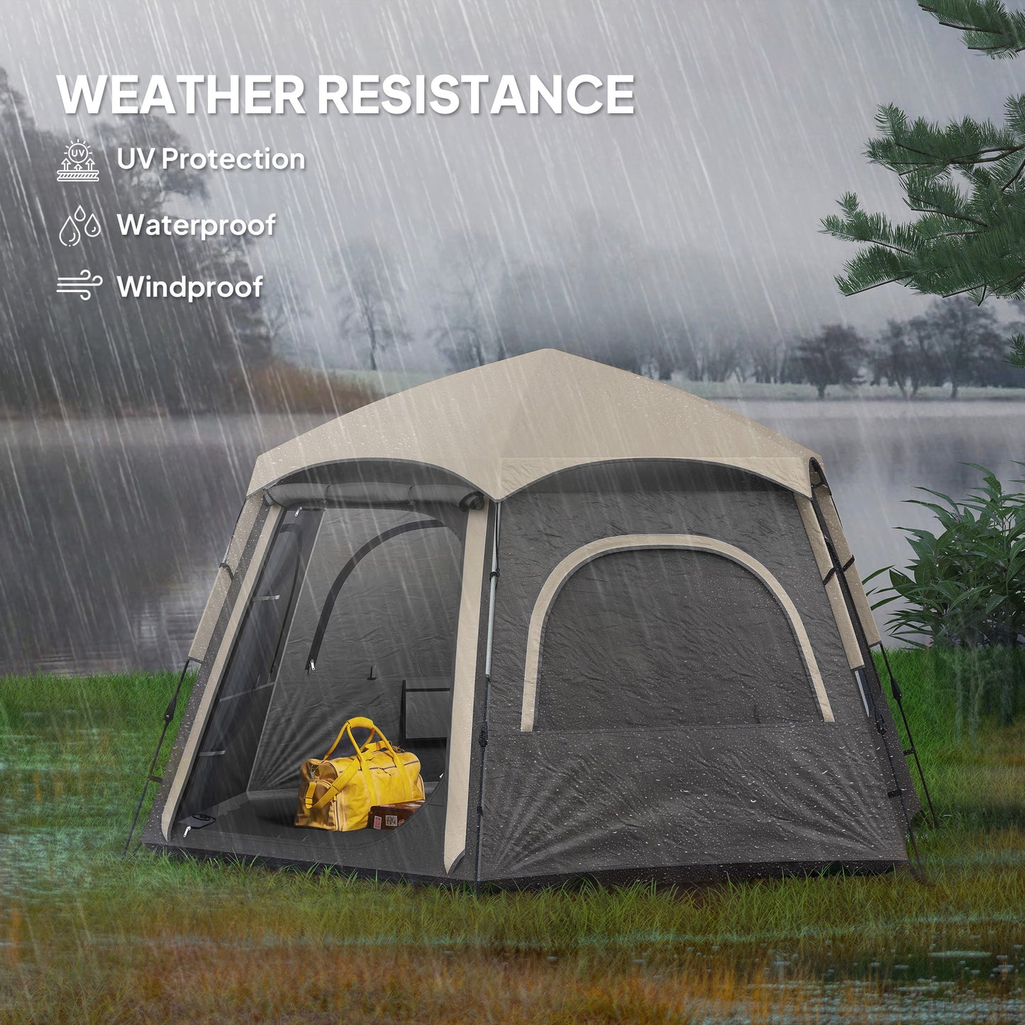 Outsunny Instant Camping Tent, 2/3/4 Person Easy Setup Dome Family Tent with Vestibule, Rainfly, 4 Mesh Windows & 2 Doors, Hexagonal Design, Waterproof & UV Protected
