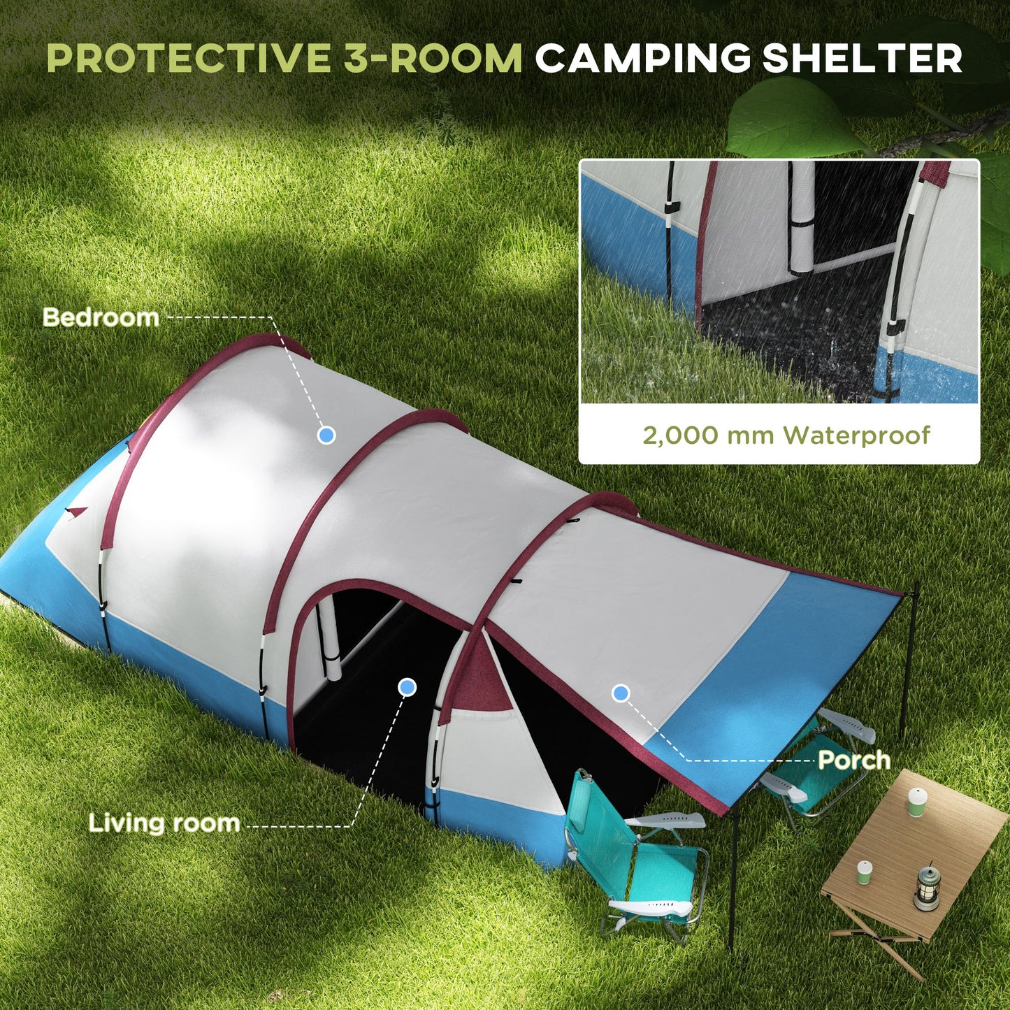 Outsunny Camping Tent, Large Tunnel Tent with Bedroom and Living Area, 2000mm Waterproof, Portable with Bag for 2-3 Man