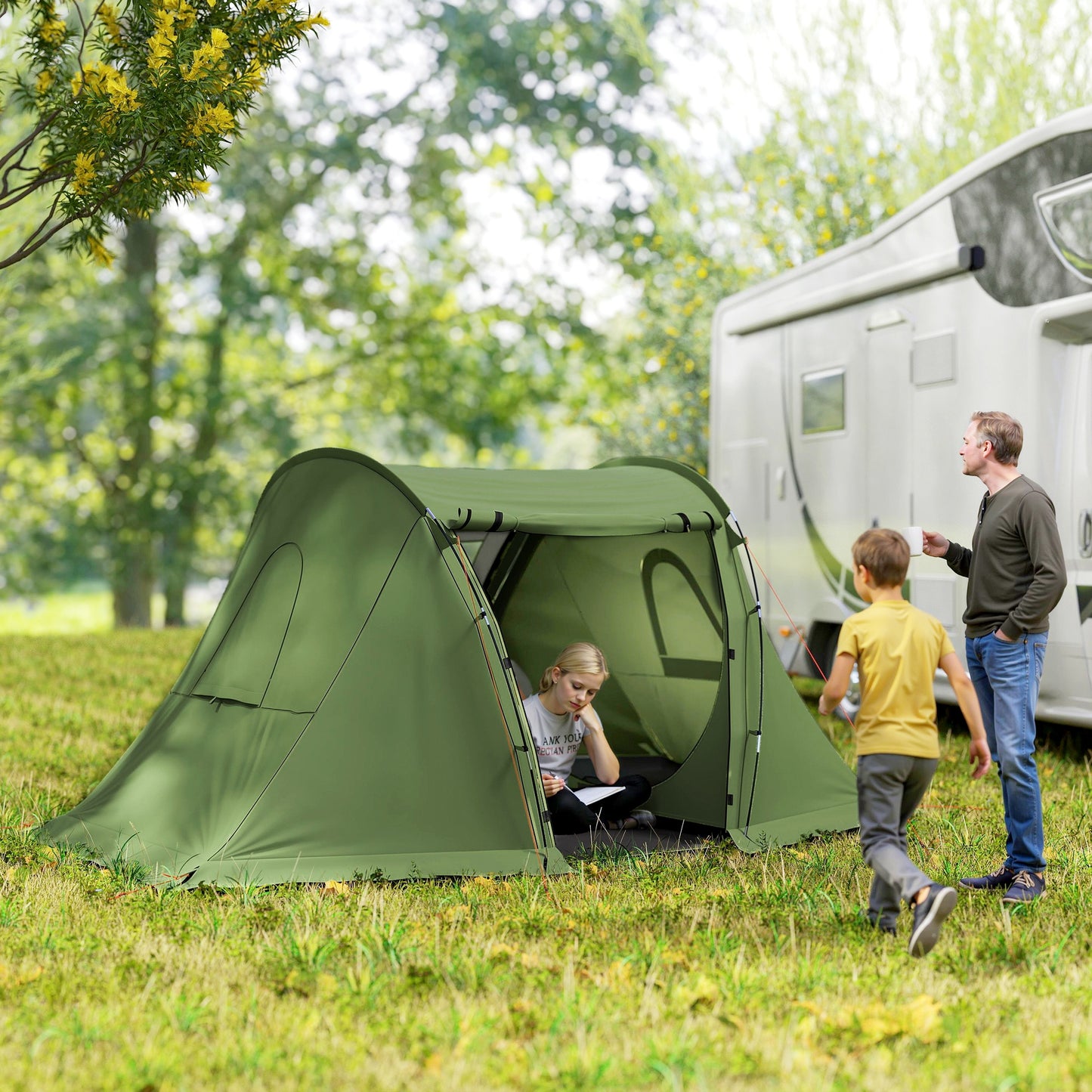 Outsunny 3 Man Camping Tent with Living Area and 2 Bedrooms, 3000mm Waterproof Family Tent with Sewn-in Groundsheet, Portable with Bag for Hiking, Festival, Backpacking