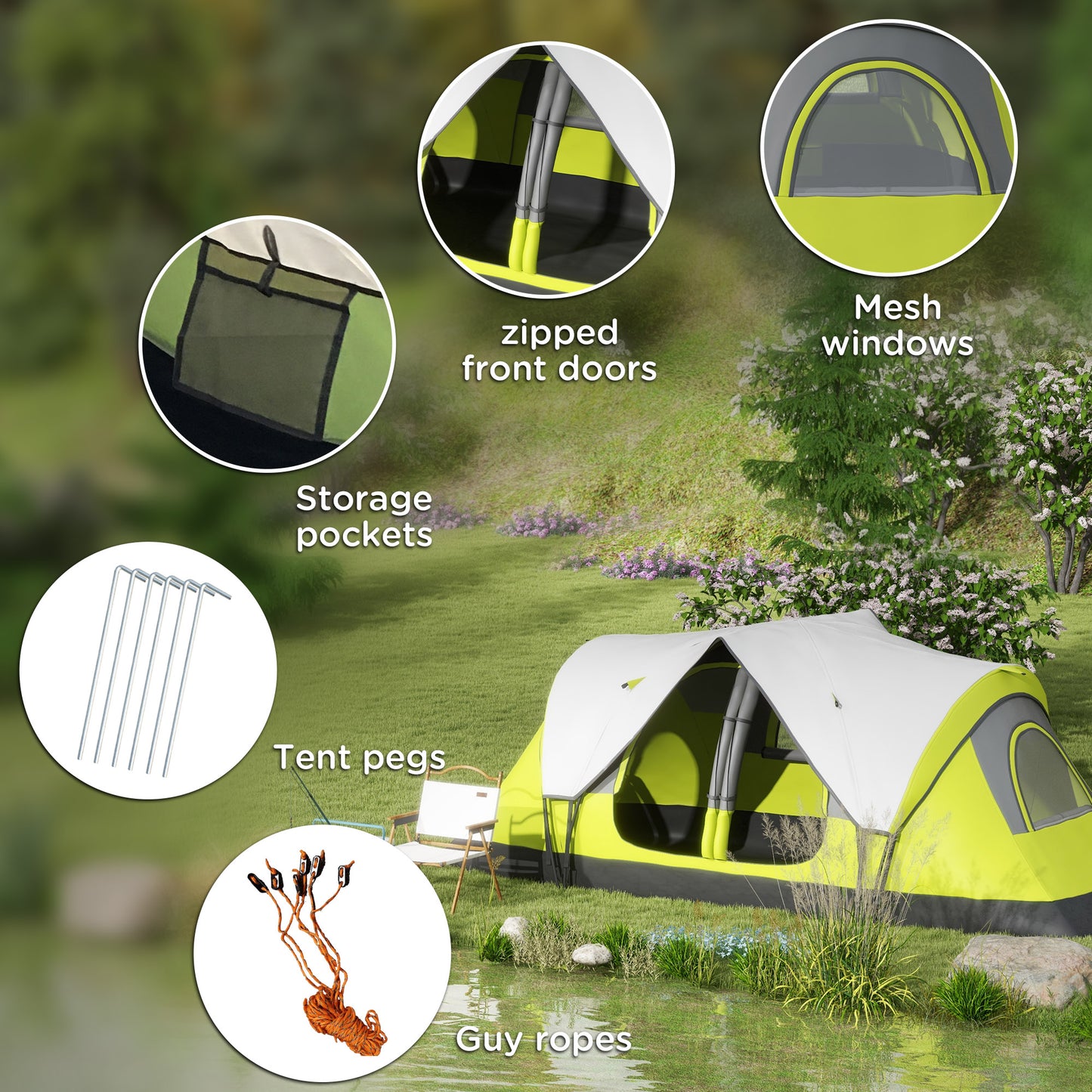 Outsunny Camping Tent for 6-8 Man with 2000mm Waterproof Rainfly and Carry Bag for Fishing Hiking Festival