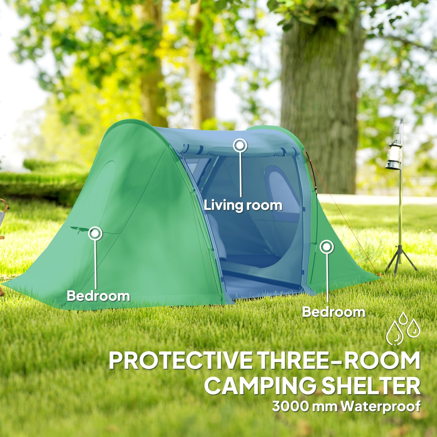 Outsunny 3 Man Camping Tent with Living Area and 2 Bedrooms, 3000mm Waterproof Family Tent with Sewn-in Groundsheet, Portable with Bag for Hiking, Festival, Backpacking