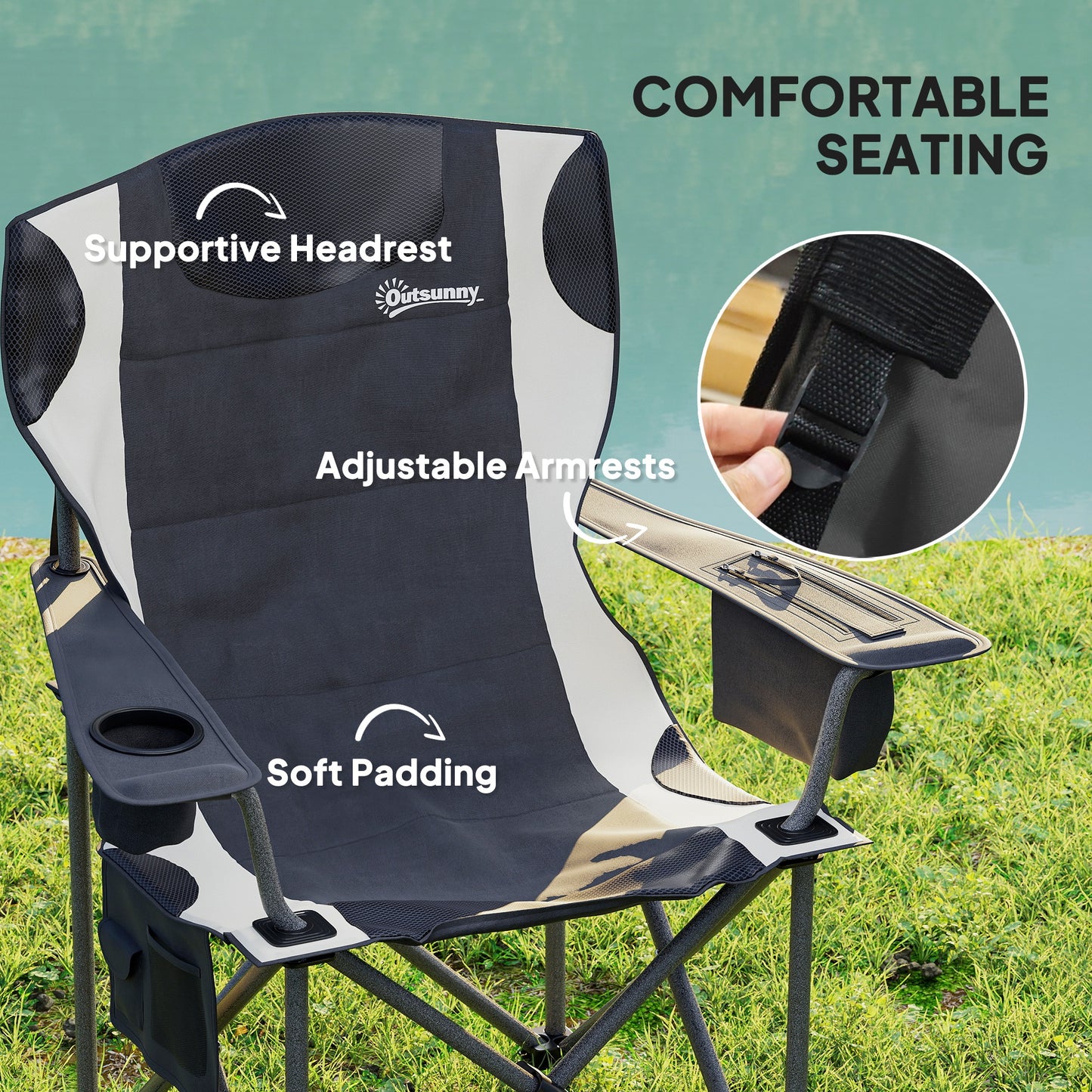 Outsunny Set of 2 Folding Camping Chairs, Padded Camping Chairs with Adjustable Armrests, Portable & Lightweight Folding Camp Chair with Cooler Bag, Cup Holder and Side Pockets