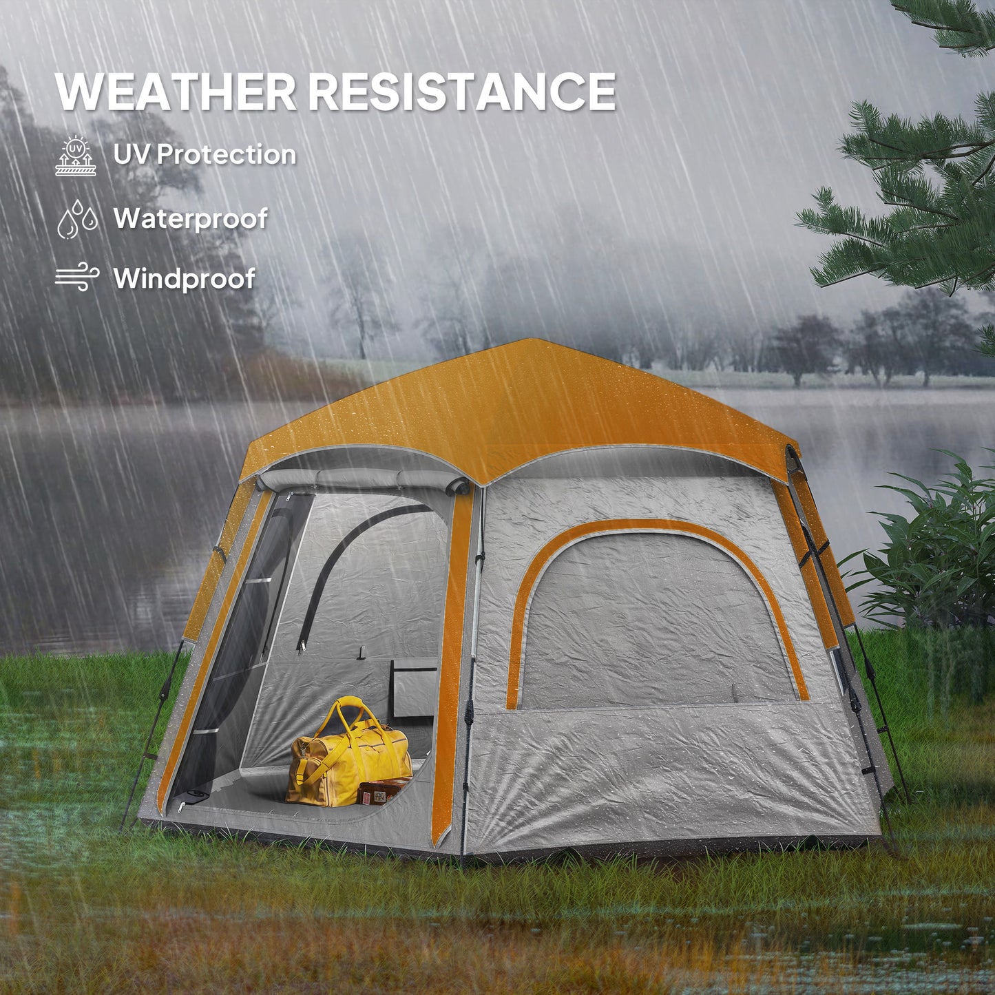 Outsunny Instant Camping Tent, 2/3/4 Person Easy Setup Dome Family Tent with Vestibule, Rainfly, 4 Mesh Windows & 2 Doors, Hexagonal Design, Waterproof & UV Protected