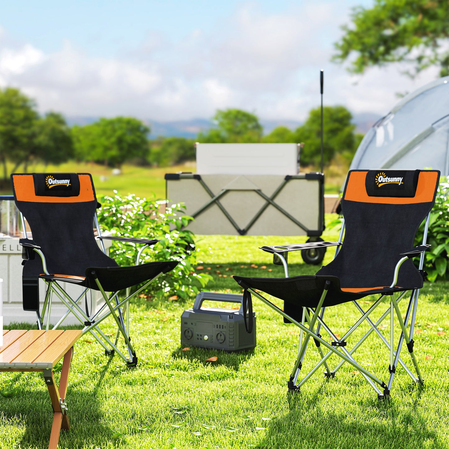 Outsunny Set of 2 Reclining Folding Camping Chair w/ Detachable Footrest, Storage Bag, Cup Holder & Headrest, Lightweight Portable Camp Chair for Beach, Picnic