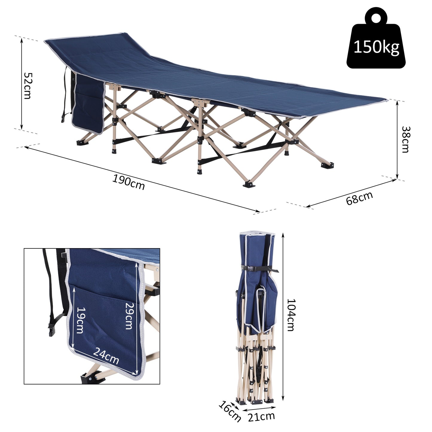 Outsunny Single Person Camping Bed Folding Cot Outdoor Patio Portable Military Sleeping Bed Travel Guest Leisure Fishing with Side Pocket and Carry Bag