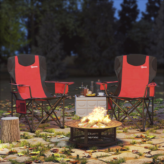 Outsunny Set of 2 Folding Camping Chairs, Padded Camping Chairs with Adjustable Armrests, Portable & Lightweight Folding Camp Chair with Cooler Bag, Cup Holder and Side Pockets