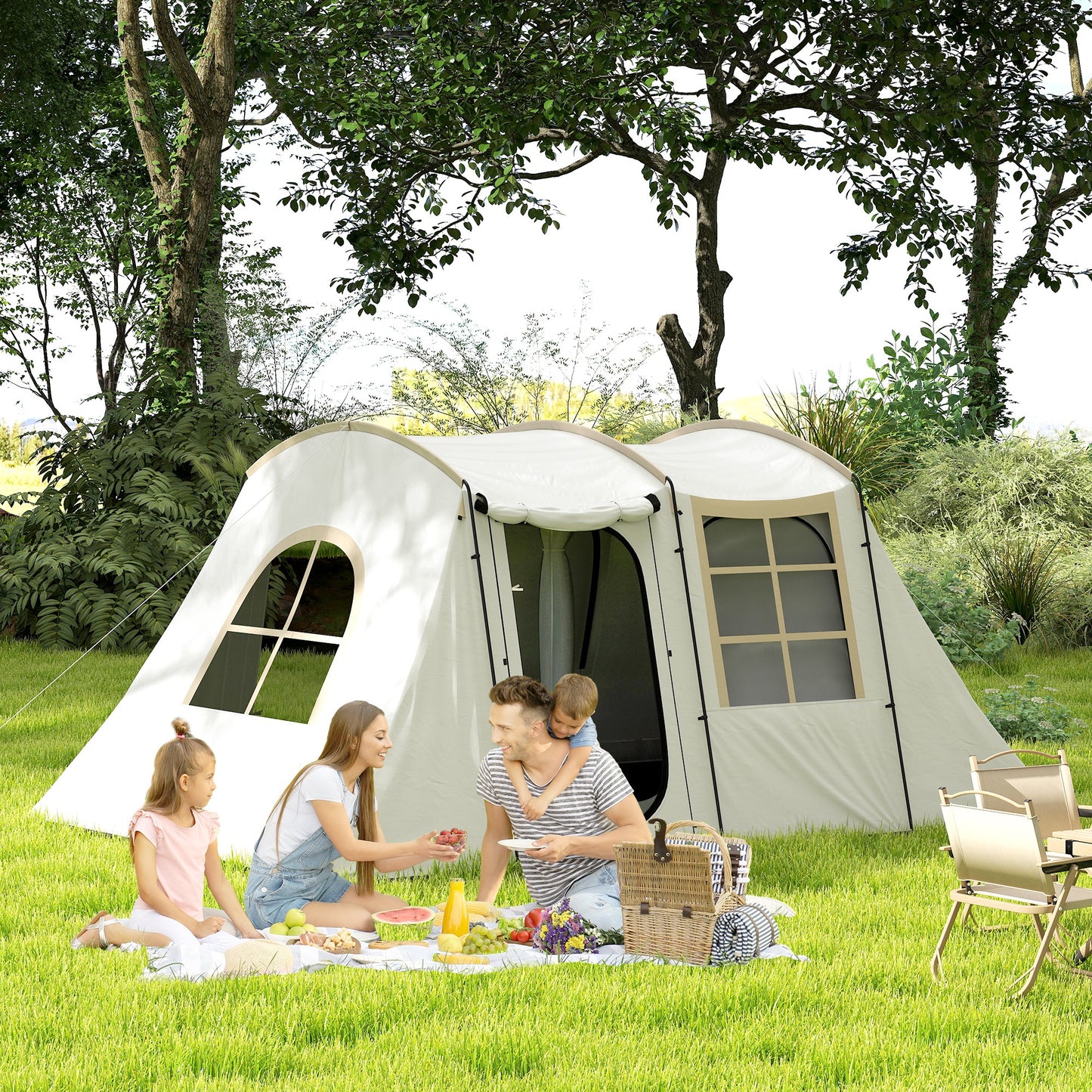Outsunny 3-4 Man Tunnel Tent, Family Camping Tent with Porch, Bedroom and Living Area, Sewn in Groundsheet, 3000mm Waterproof, Portable with Bag for Hiking, Festival, Backpacking