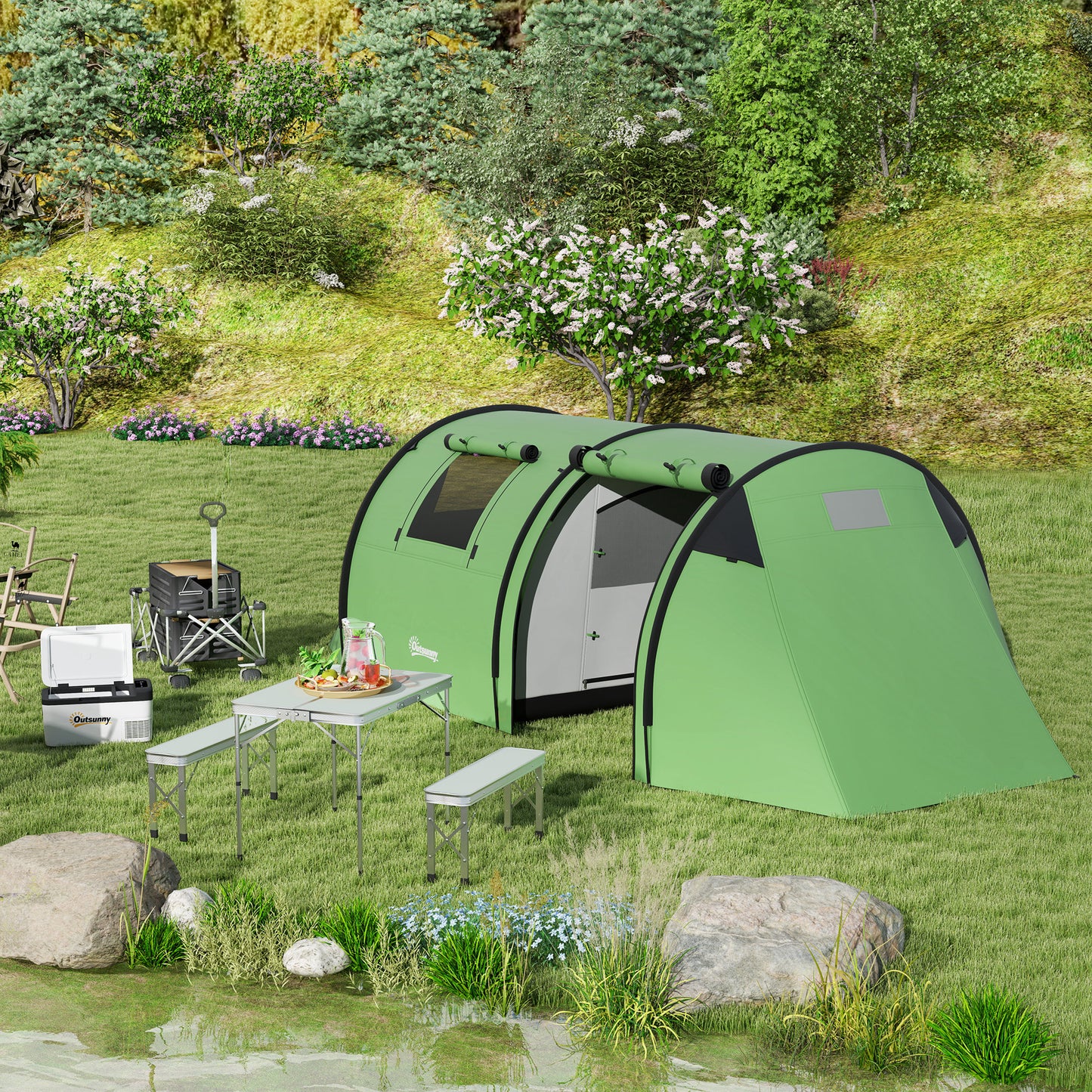 Outsunny Four Man Duo Room Tunnel Tent, with Accessories