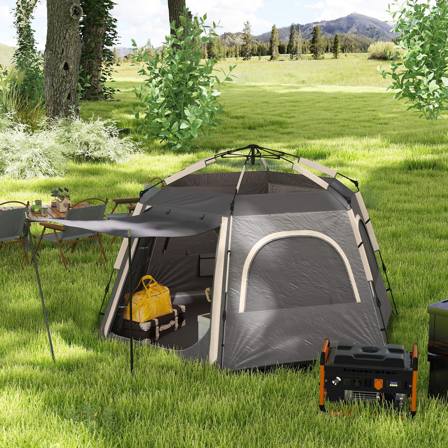 Outsunny Instant Camping Tent, 2/3/4 Person Easy Setup Dome Family Tent with Vestibule, Rainfly, 4 Mesh Windows & 2 Doors, Hexagonal Design, Waterproof & UV Protected