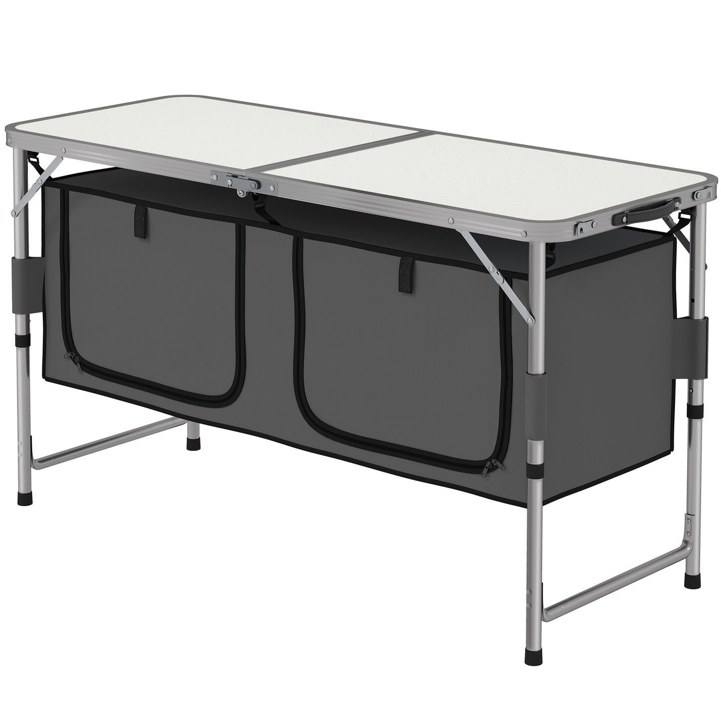 Outsunny 4ft Folding Camping Cupboard Kitchen, Height Adjustable Aluminium Camping Table with Storage, Lightweight Picnic Table for Outdoor Garden BBQ Party