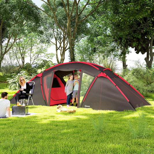 Outsunny 4-6 Man Family Camping Tent w/ 2 Bedrooms and a Living Room, Waterproof Tunnel Tent w/ Sewn In Groundsheet, Doors, Windows, Carry Bag