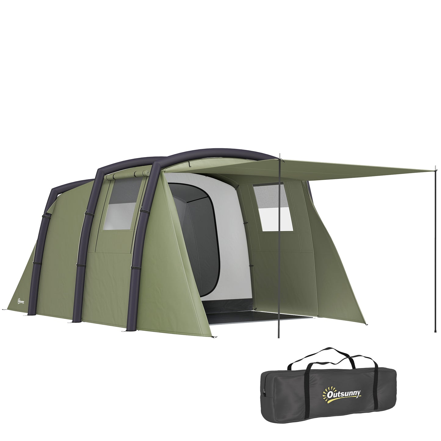 Outsunny Inflatable 3-4 Man Tunnel Tent w/ Air Pump, Living Area & Vestibule, Waterproof Family Camping Air Tent w/ Sewn In Groundsheet & Removable Footprint for Camping, Hiking