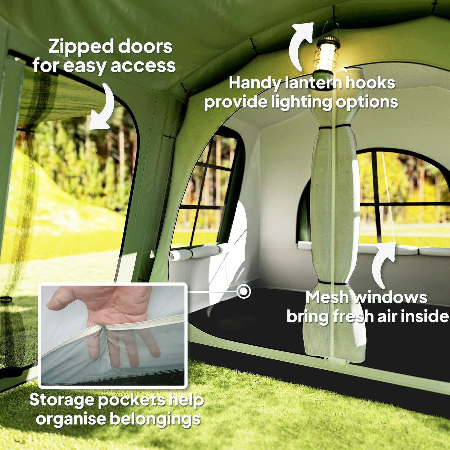 Outsunny 3-4 Man Tunnel Tent, Family Camping Tent with Porch, Bedroom and Living Area, Sewn in Groundsheet, 3000mm Waterproof, Portable with Bag for Hiking, Festival, Backpacking