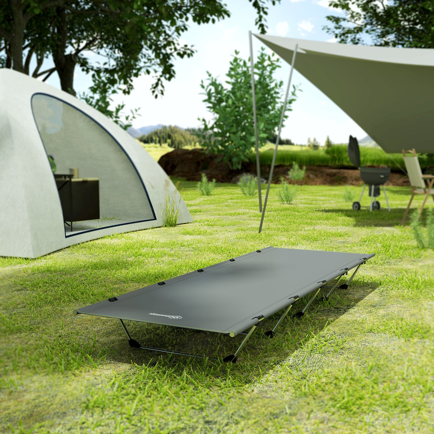 Outsunny Lightweight Camping Bed, Aluminium Portable Camp Cot w/ Strong Support 150kg and Carry Bag for Camping