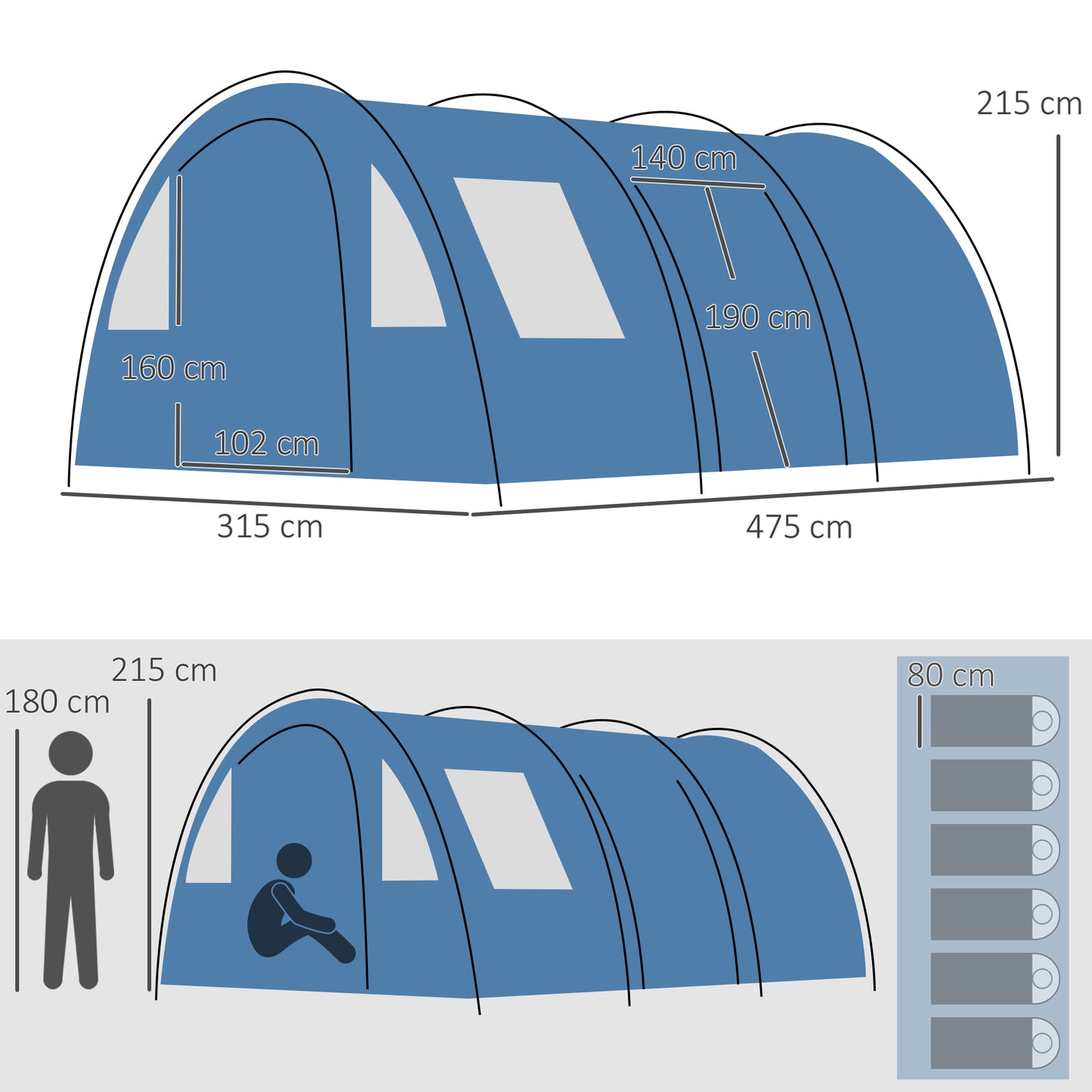 Outsunny 5-6 Man Camping Tent with 2 Room, Floor and Carry Bag